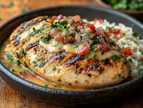 Sizzling Queso Chicken, Rice, Mexican Skillet Onions, Peppers, Corn, Zucchini