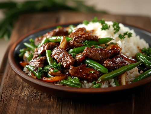 Sizzling Chinese Beef Stir Fry and Rice