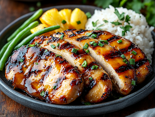 Slow Cooked Honey Glazed Chicken, Rice, Grilled Pineapple