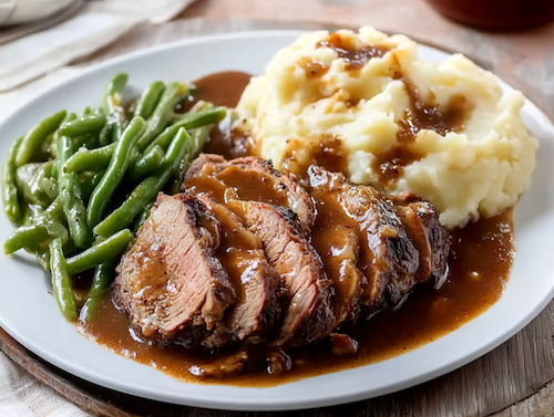 Slow Cooked Chuck Roast, Garlic Mashed Potatoes, Green Beans