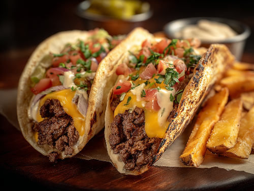 Smash Waygu Burger Tacos, House Fries, Special Sauce - NEW