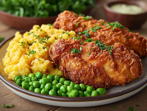 Southern-Style Fried Chicken, Hash Brown Casserole & Peas