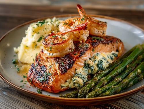 Salmon Stuffed Supreme, Mashed Potatoes, Asparagus - NEW