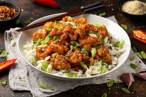 succulent pieces of chicken Sweet Chili Chicken, Rice, Broccoli