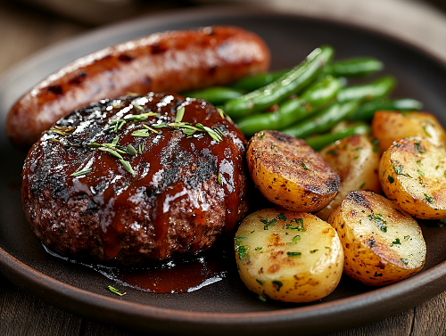 Texas Cowboy Brisket Burger and Sausage Plate