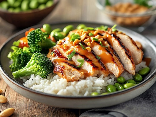 Thai Peanut Chicken, Rice, Edamame