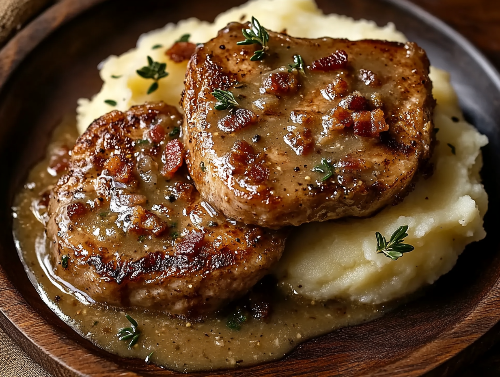 Country Fried Pork Chops With Bacon Gravy, Mashed Potatoes and Maple Bacon Brussels