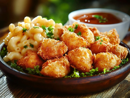 Waffle Batter Chicken Nuggets, Mac & Cheese, Fried Green Beans