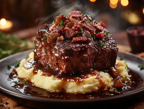 Beef Short Rib Bourguignon, Smoked Bacon, Mashed Potatoes, Root Veggies