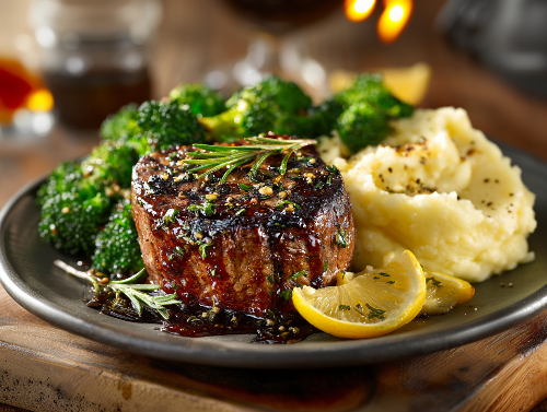 Steak Teriyaki, Mashed Potatoes, Broccoli