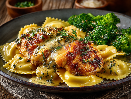 Chicken Piccata, Spinach Ravioli, Butter Cream Sage Sauce, Broccoli