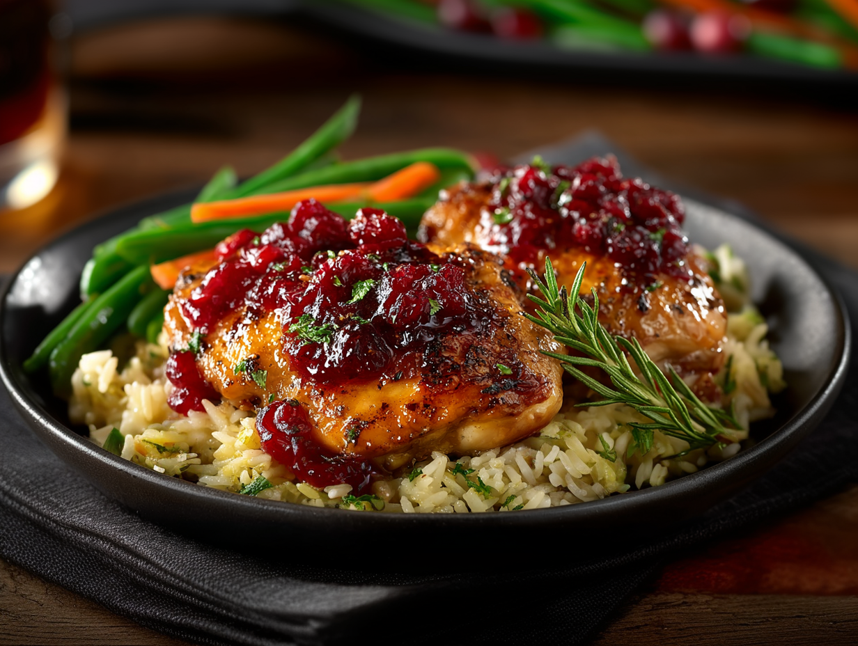 NEW PICTURE !!!!!Cranberry Glazed Chicken, Rice Pilaf, Carrots & Green Beans