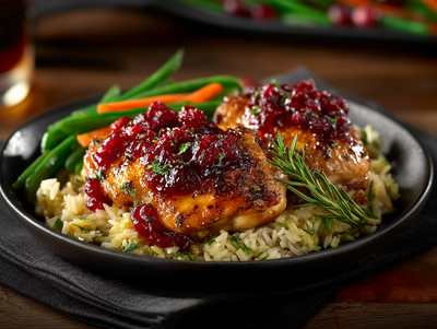 NEW PICTURE !!!!!Cranberry Glazed Chicken, Rice Pilaf, Carrots & Green Beans