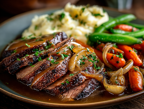 Cider-Braised Beef, Potatoes, Green Beans, Apple Butter Carrots
