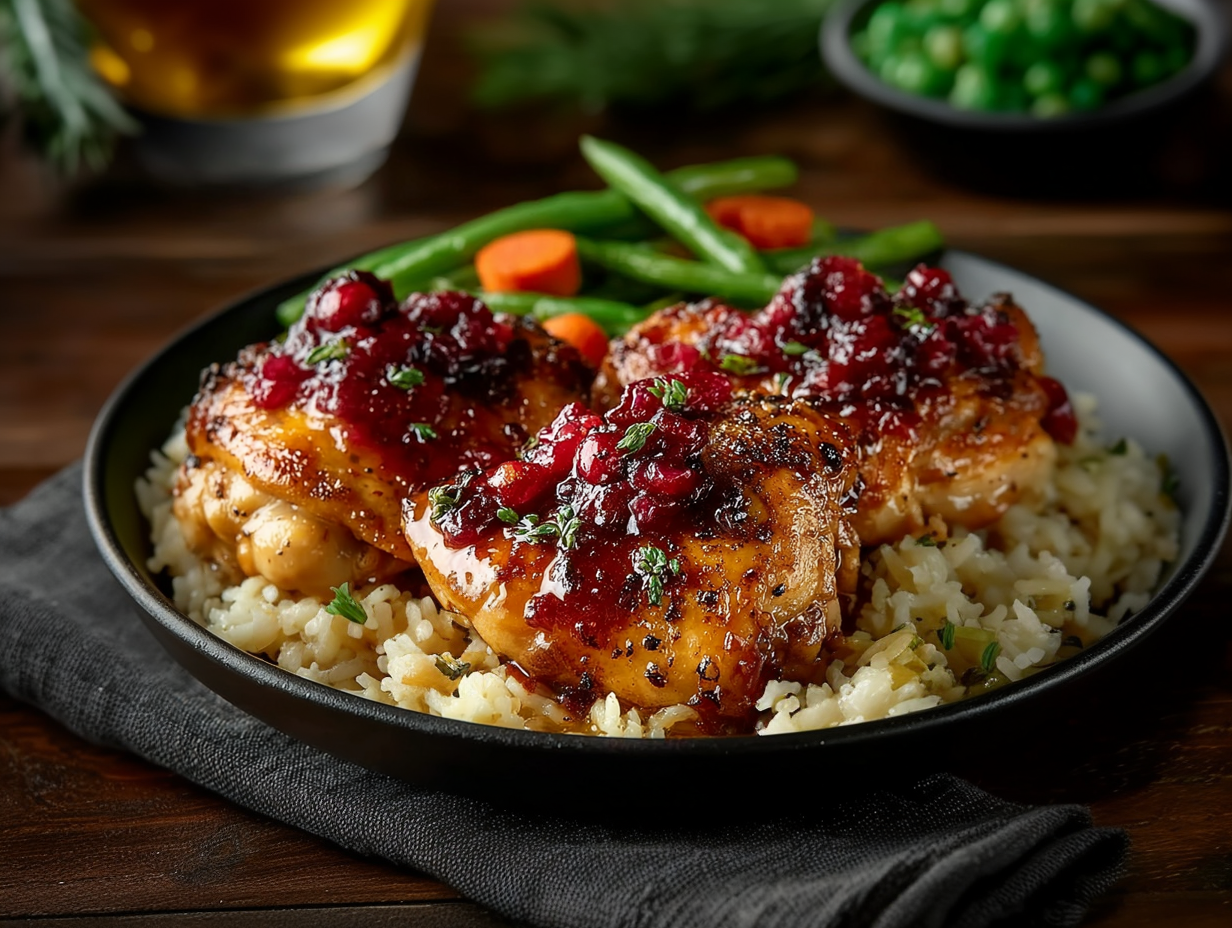 NEW PICTURE !!!!!Cranberry Glazed Chicken, Rice Pilaf, Carrots & Green Beans