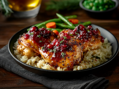 Cranberry Glazed Chicken, Rice Pilaf, Carrots & Green Beans