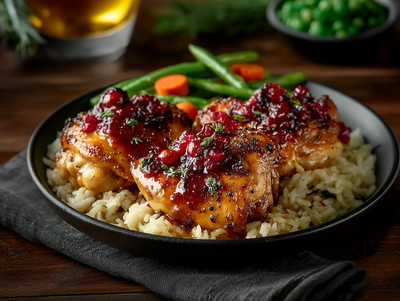 NEW PICTURE !!!!!Cranberry Glazed Chicken, Rice Pilaf, Carrots & Green Beans
