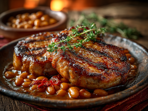 Grilled BBQ Pork Chops, Bourbon Molasses Baked Beans, Corn Casserole