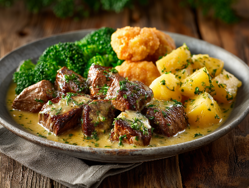 Garlic Butter Steak Bites, Yukon Potatoes, Broccoli, Crispy Battered Portobello Mushrooms