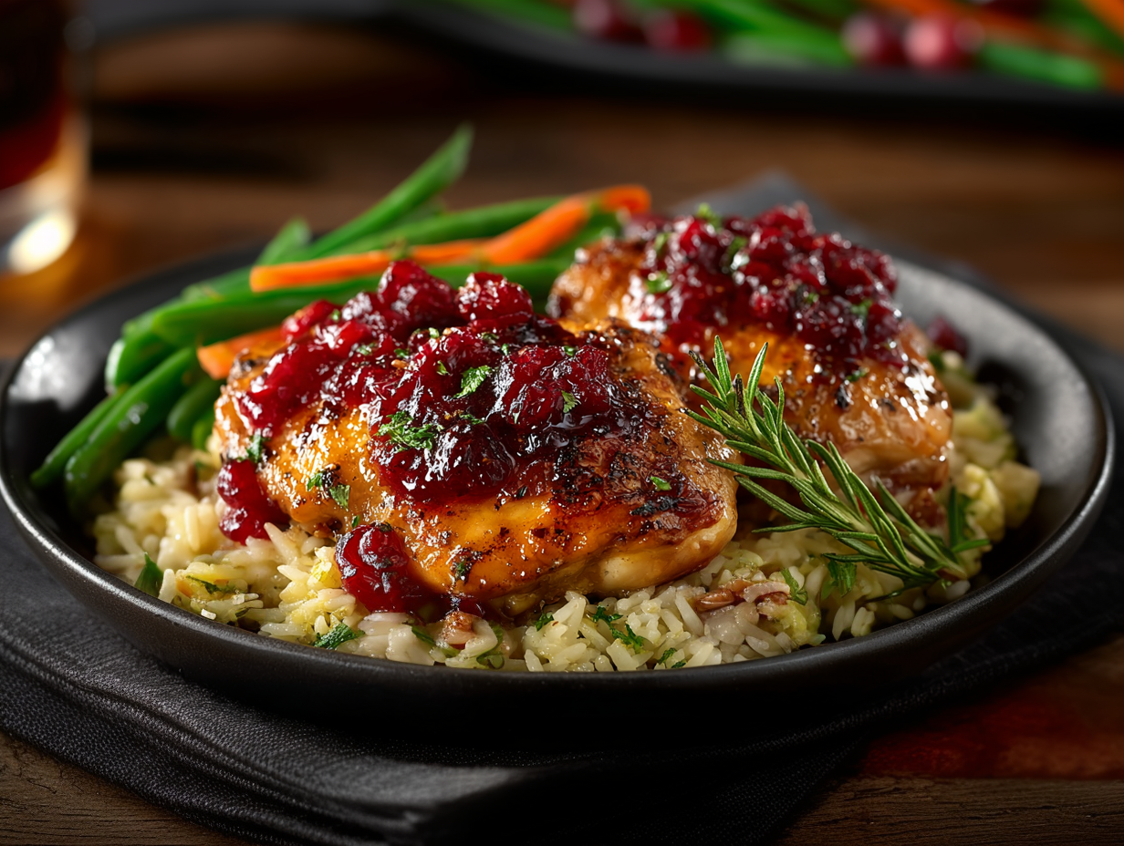 NEW PICTURE !!!!!Cranberry Glazed Chicken, Rice Pilaf, Carrots & Green Beans
