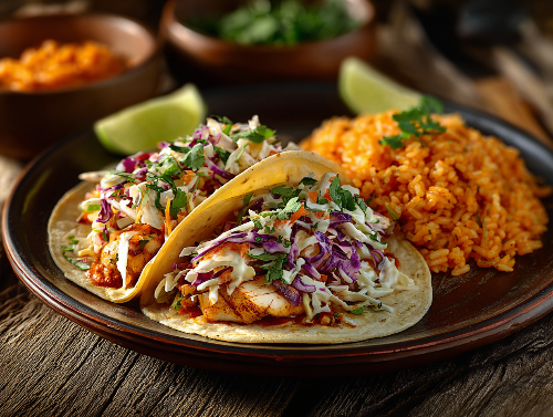 Loaded Fish Tacos with Tomatillo Salsa and Mexican Rice