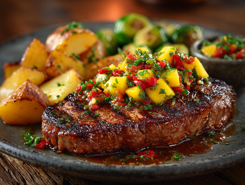 Island Sunset Filet Mignon, Golden Potatoes, Brussels, Mango Lime Zest Salsa