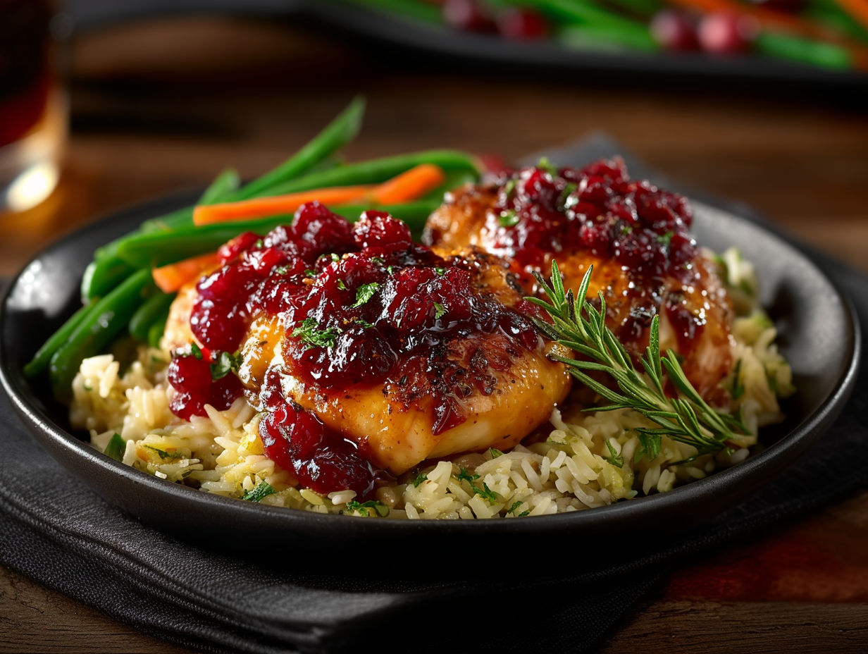 NEW PICTURE !!!!!Cranberry Glazed Chicken, Rice Pilaf, Carrots & Green Beans