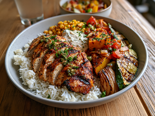 Mediterranean Style Chicken Platter, White Rice, Fresh Veggies - NEW