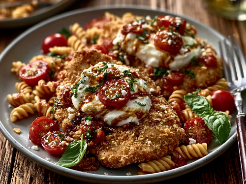 Crispy Caprese Chicken, Balsamic Glazed Burrata, Rotini Pasta - NEW