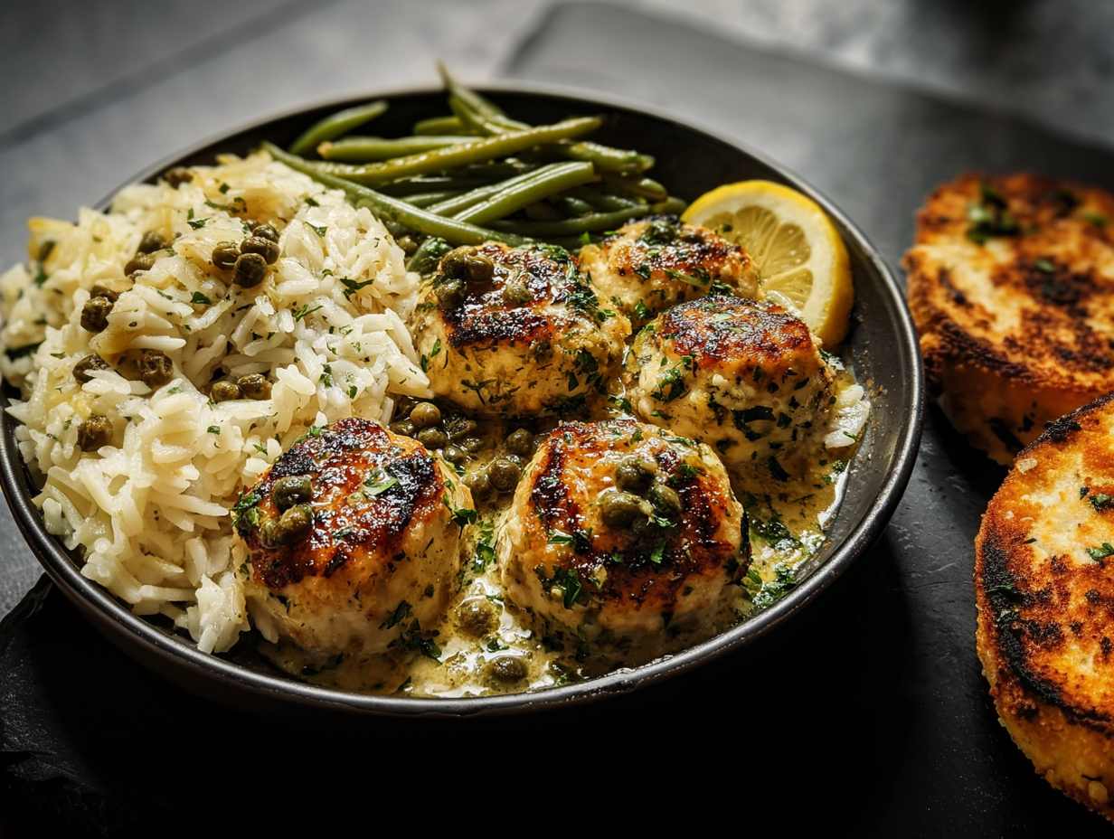 Country Style Chicken Picatta Meatballs, White Rice, Green Beans- NEW