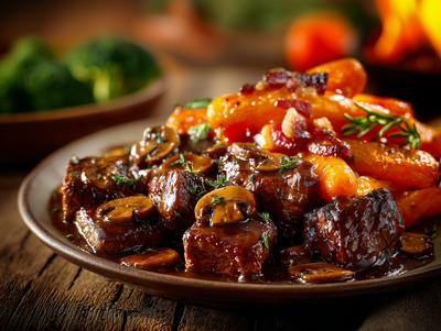 Burgundy Mushroom Steak Tips, Candied Carrots, Mashed Potatoes - NEW