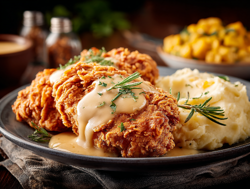 Chicken Fried Chicken, Squash Casserole, Mashed Potatoes