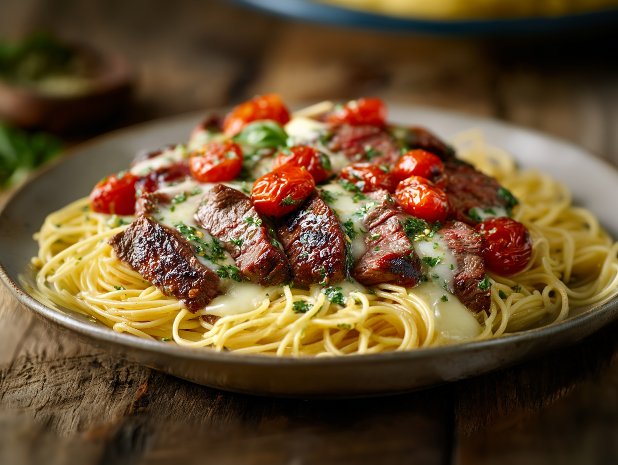 Italian Bruschetta Steak Over Angel Hair Pasta