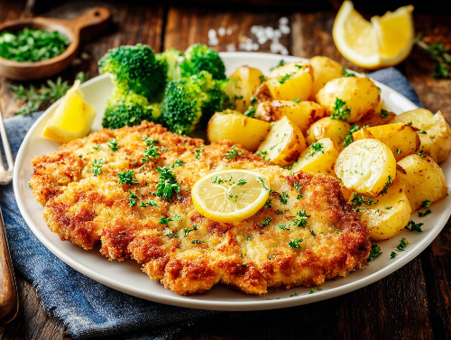 Chicken Schnitzel, Lemon Zest Broccoli, & Potatoes