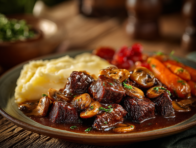 Burgundy Mushroom Steak Tips, Candied Carrots, Mashed Potatoes - NEW