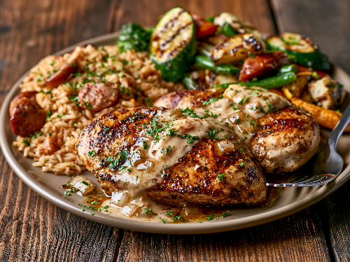 Old Bay Lemon Chicken, Jambalaya Rice and Sauteed Vegetables - NEW