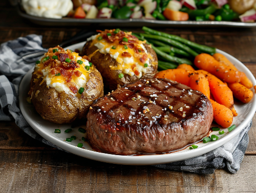 Butchers Table Filet Mignon, Duo Loaded Potatoes, Veggies
