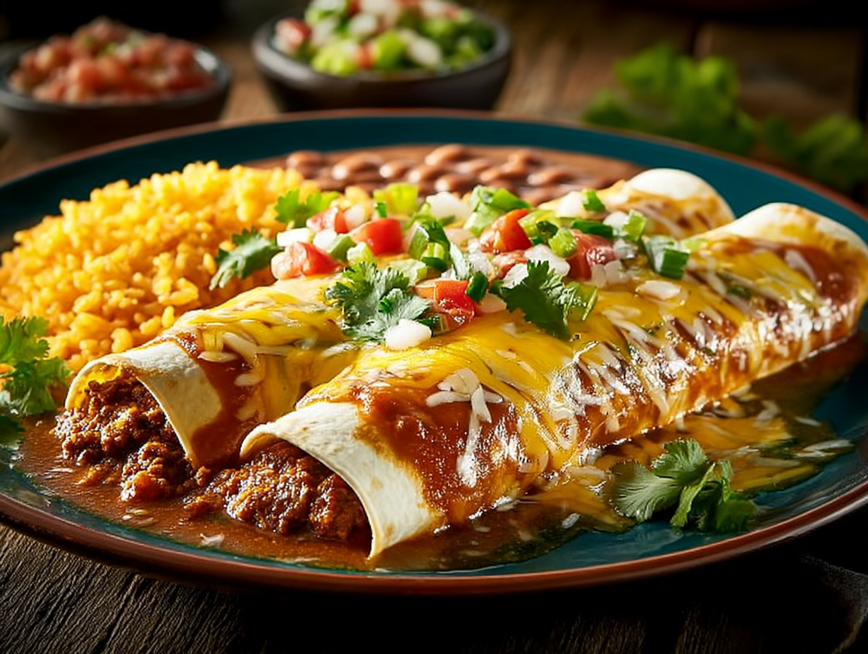 Chili Con Carne Enchiladas, Spanish Rice, Beans