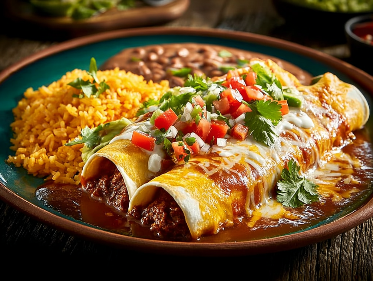 Chili Con Carne Enchiladas, Spanish Rice, Beans