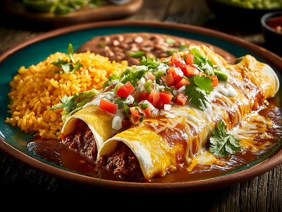 Chili Con Carne Enchiladas, Spanish Rice, Beans