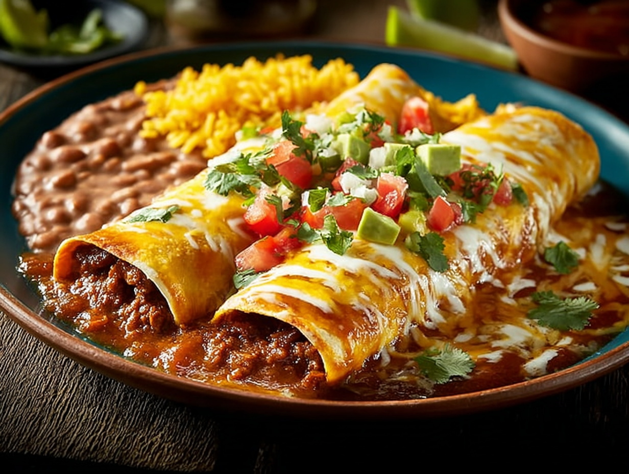 Chili Con Carne Enchiladas, Spanish Rice, Beans