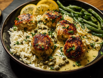 Country Style Chicken Picatta Meatballs, White Rice, Green Beans- NEW