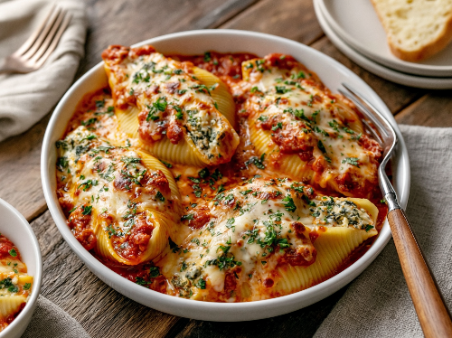 Baked Stuffed Florentine Cheese Shells with Rustic Tomato Sauce