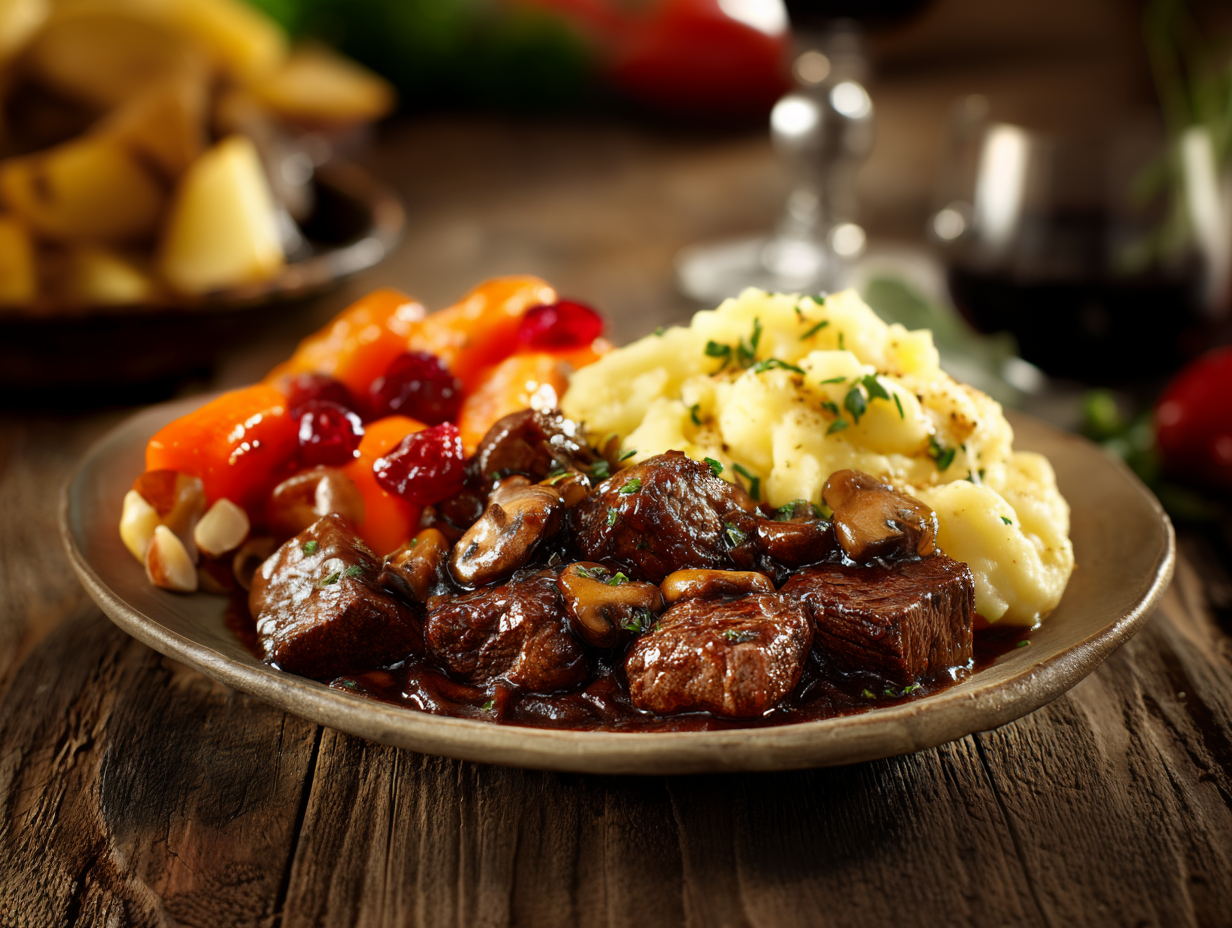 Burgundy Mushroom Steak Tips, Candied Carrots, Mashed Potatoes - NEW