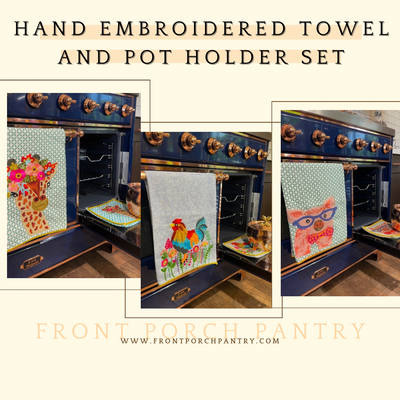 Hand Embroidered Dish Towel and Pot Holder Set