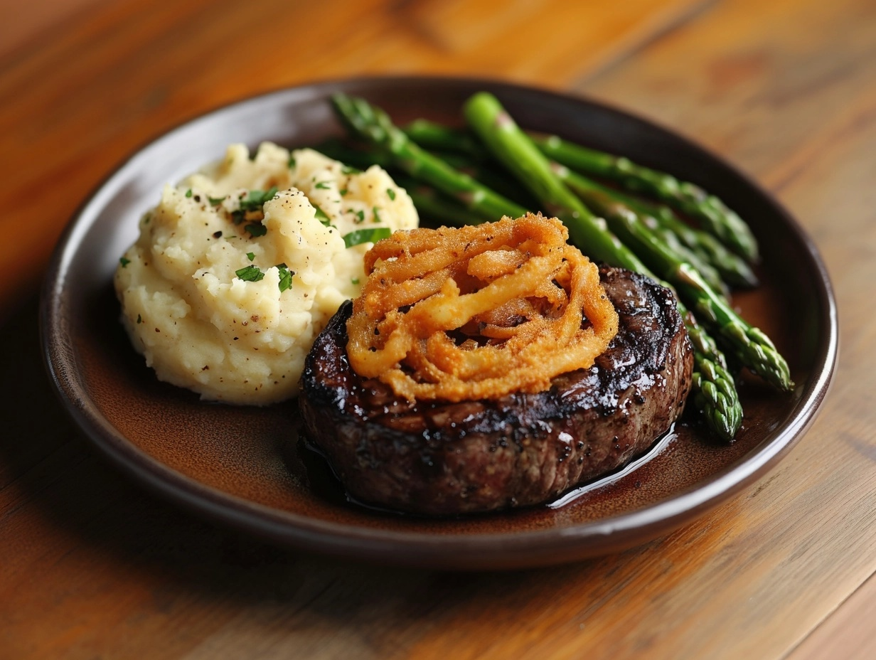 Bistro Filet Mignon, Onions Strings, Mashed Potatoes, Asparagus