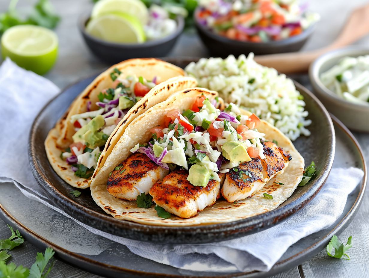 Loaded Red Fish Tacos, Cilantro Lime Rice, Avocado Aioli - NEW
