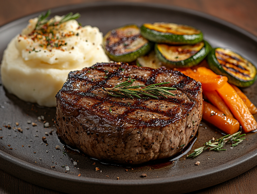 Filet Mignon Chateau, Garlic Mashed Potatoes, Mediterranean Veggies