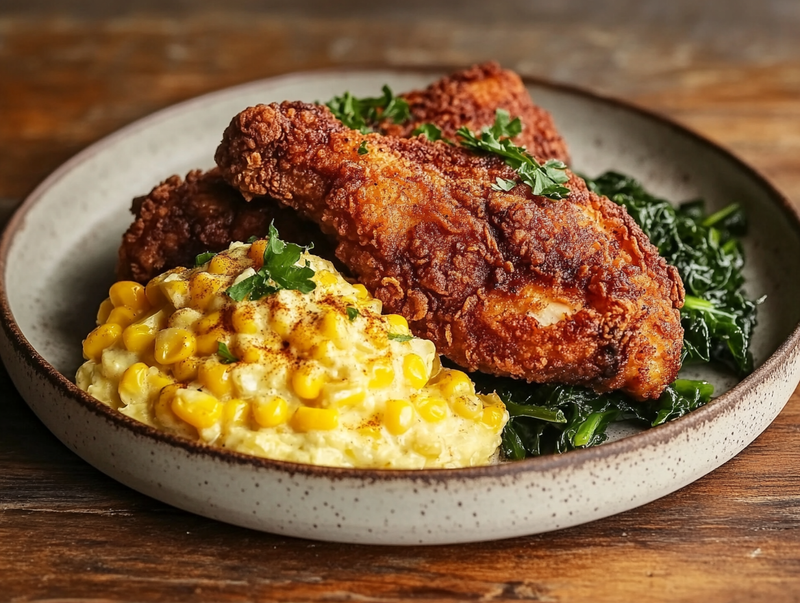 Southern Table Fried Chicken, Corn Casserole, Collard Greens New
