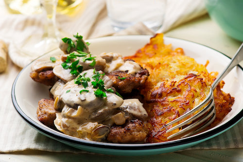 Griddle Chicken Cutlets With Mushroom Gravy & Country Fried Hash Browns